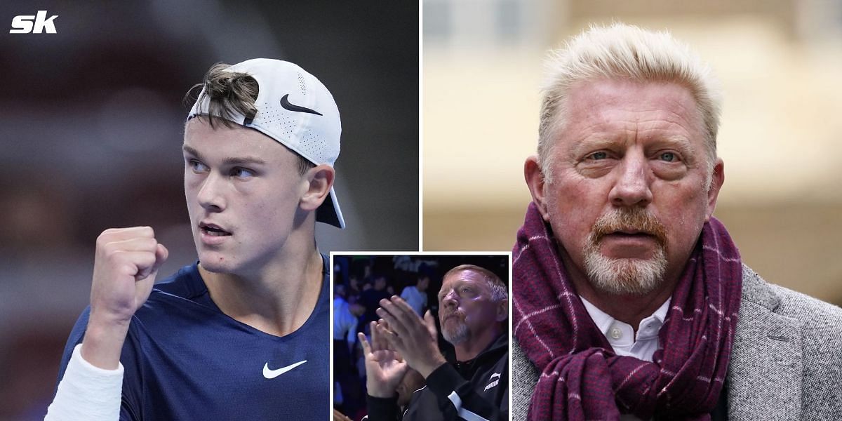 Boris Becker (R) cheers Holger Rune (L) from the player box (inset)