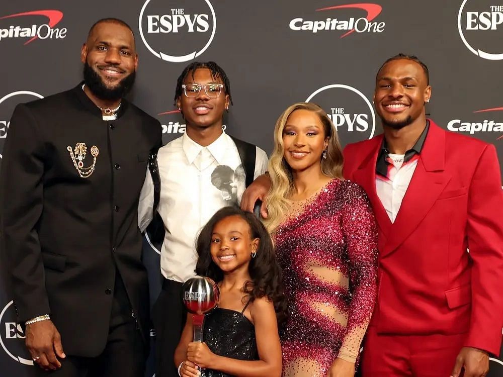 NBA superstar LeBron James with wife Savannah and their children Bronny, Bryce and Zhuri. -- Photo by Getty Images