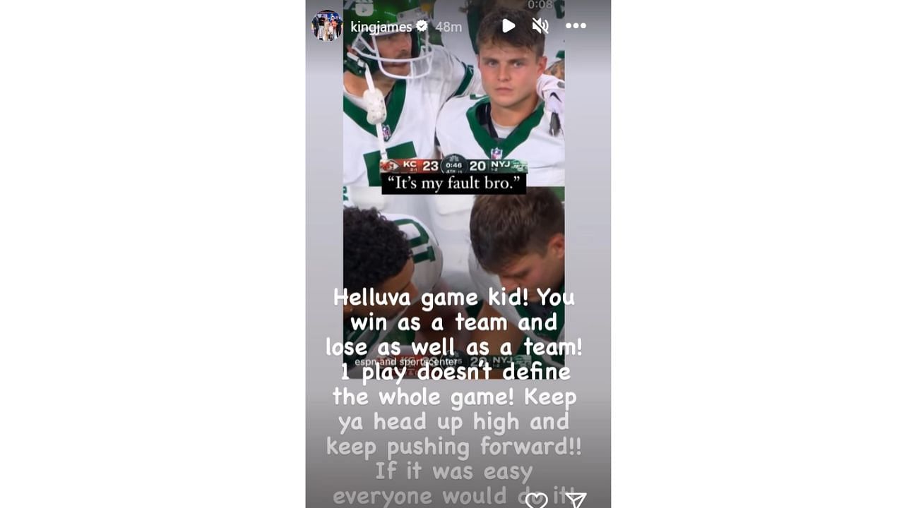 LeBron James sends New York Jets quarterback Zach Wilson a message of encouragement.