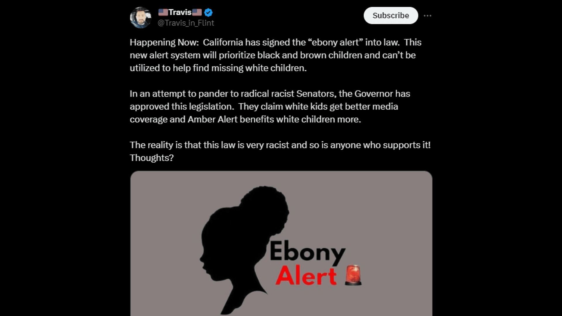 A netizen shares the news of the Ebony law. (Image via X/Travis)