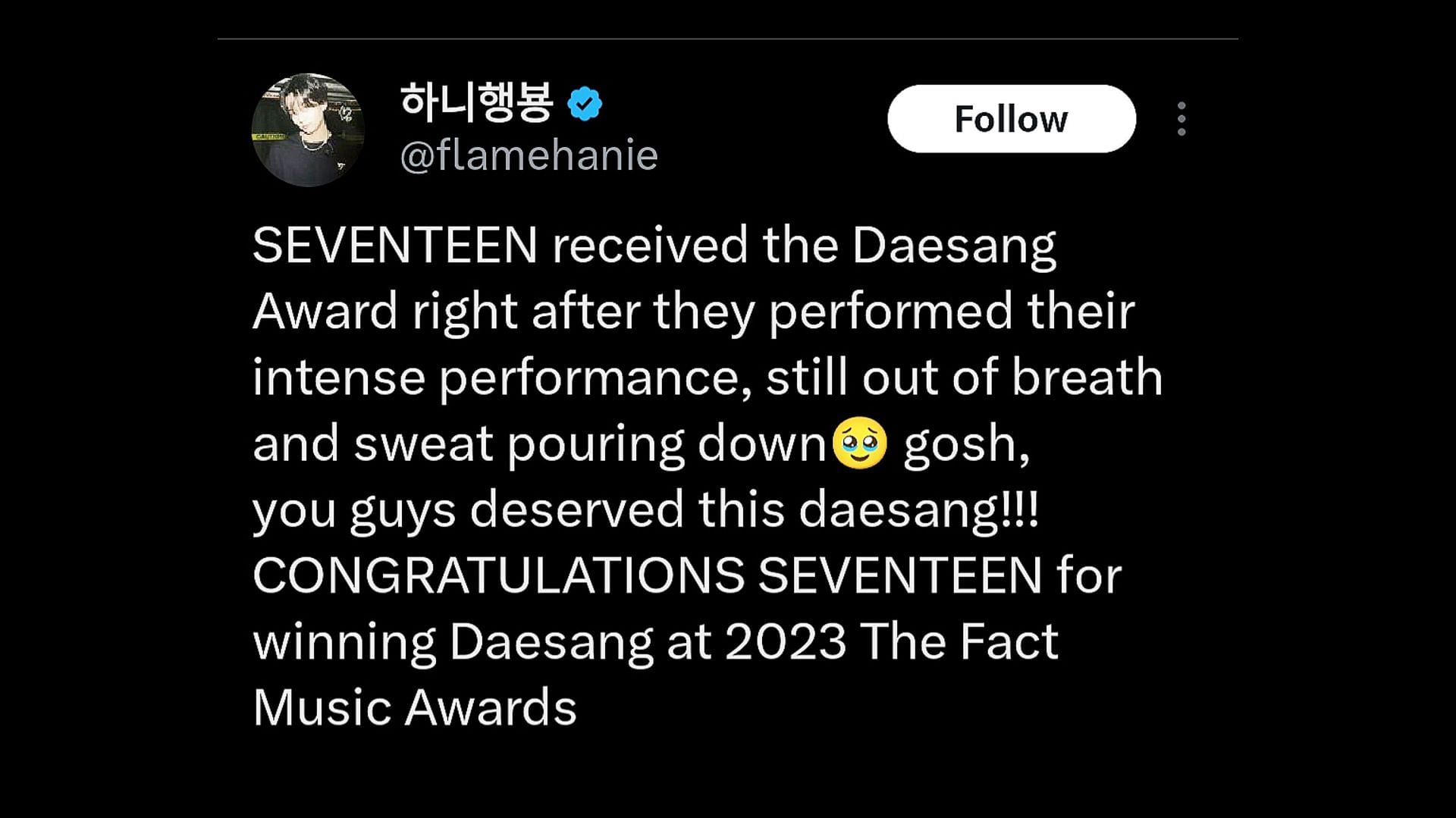 CARATs rejoice as group snags &quot;Daesang&quot; at the 2023 The Fact Music Awards (Image via X)