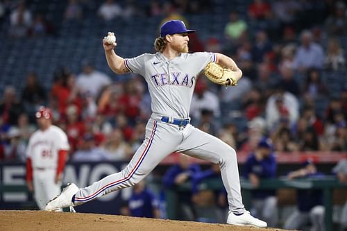 Jon Gray of the Texas Rangers pitches against the Los Angeles Angels at Angel Stadium of Anaheim