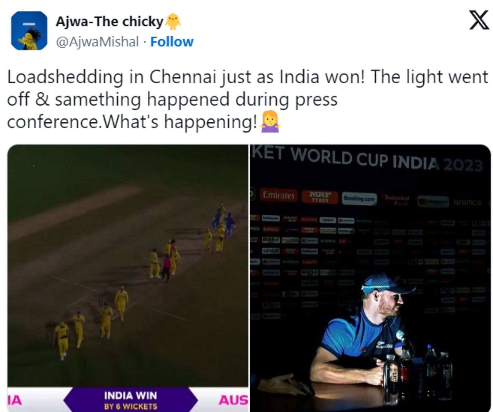 A fan&#039;s post on X about the lights going off after the match between India and Australia.