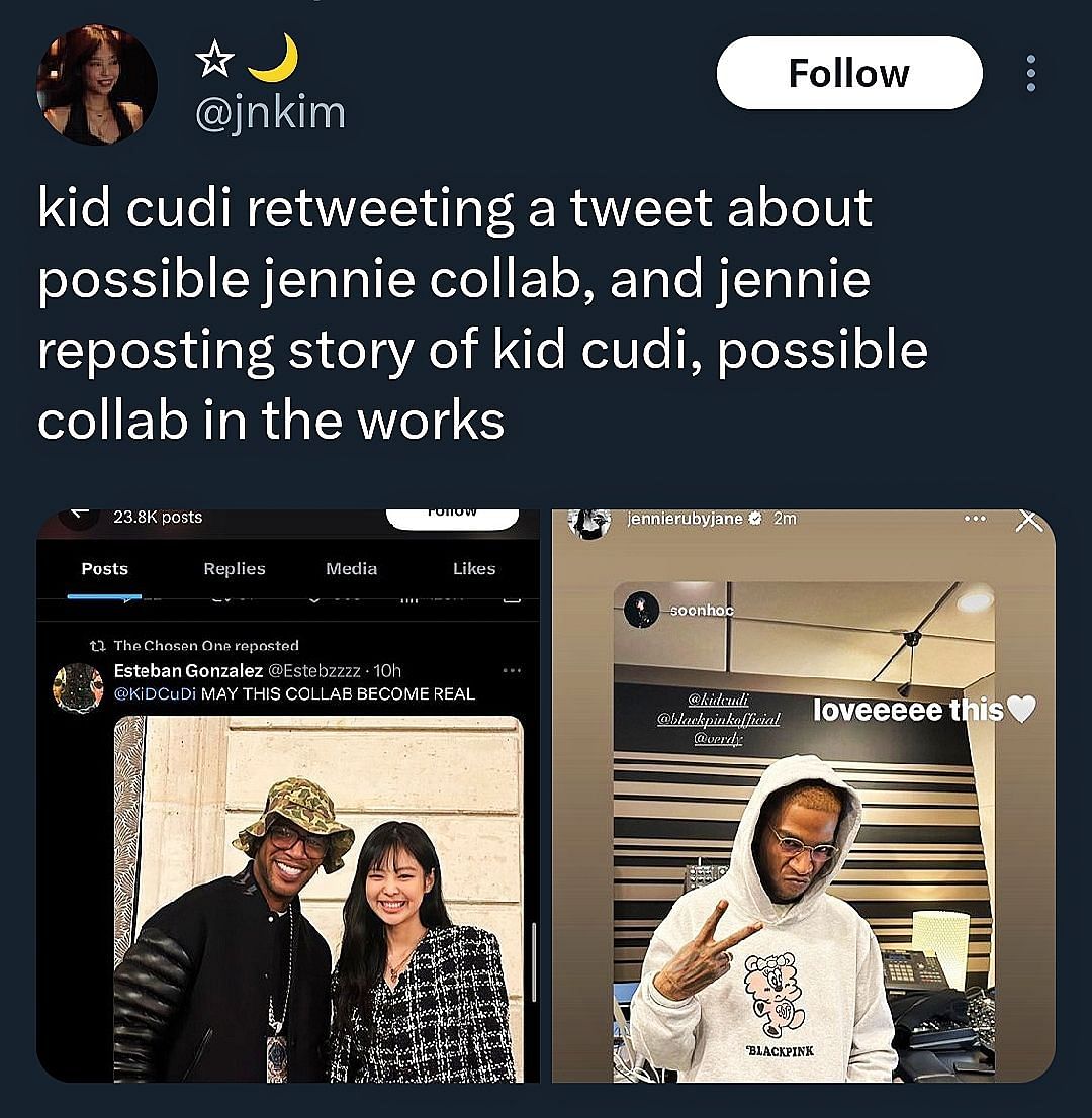 Fans talking about Kid Cudi and girl group&#039;s collaboration (Image via jnkim/X)