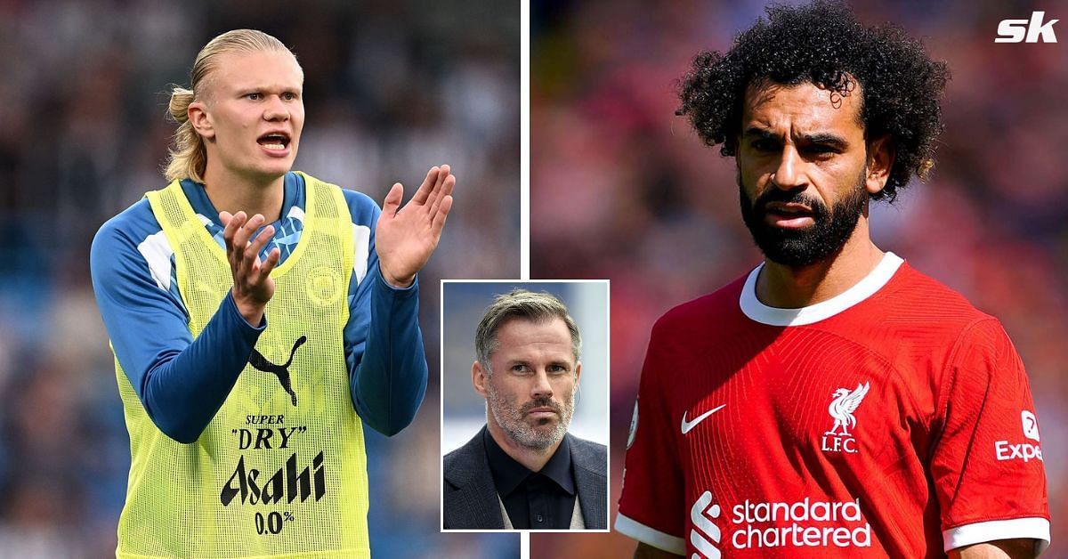 [L-to-R] Erling Haaland and Mohamed Salah; [inset] Jamie Carragher.