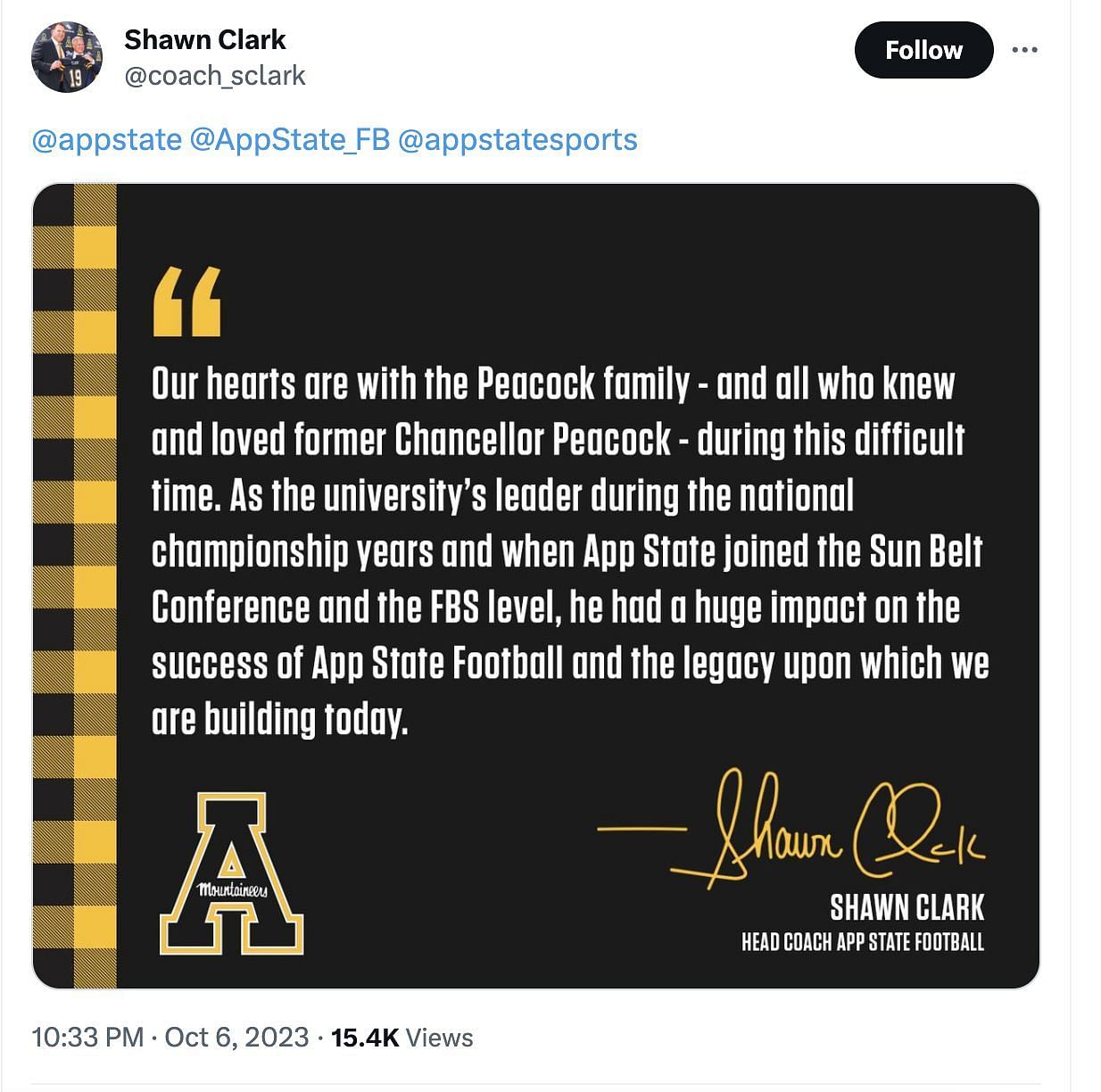 Social media users mourn the loss of Dr. Peacock, as the Former Appalachian State chancellor passes away untimely. (Image via @Coach_sclark/ Twitter)