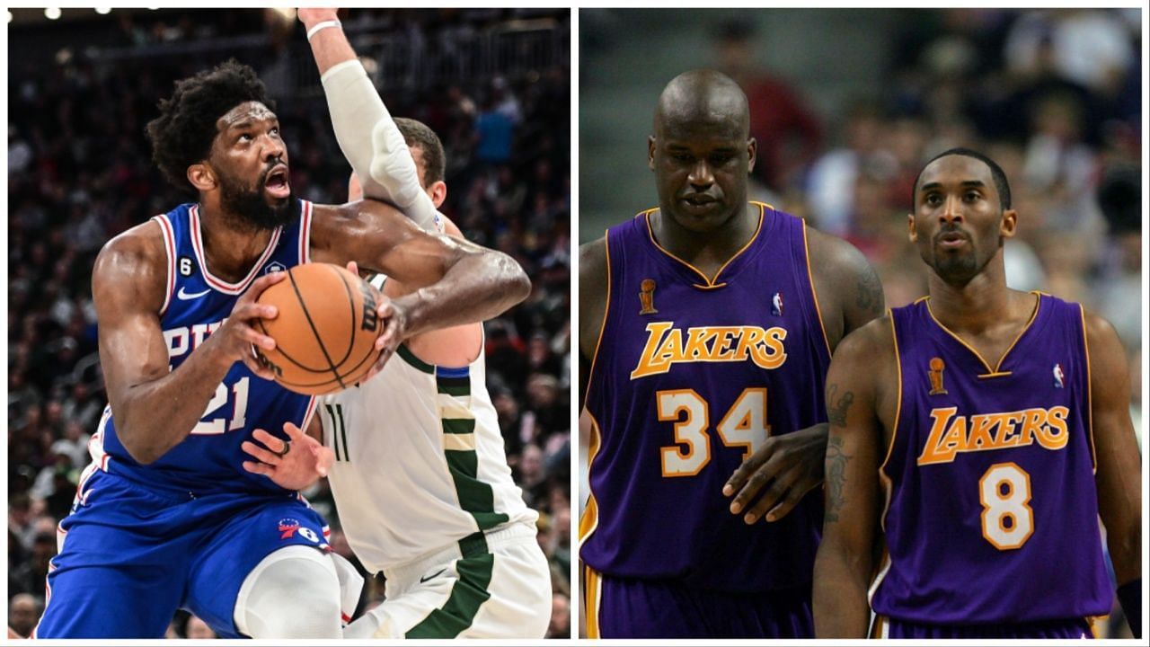 Joel Embiid (L) and Shaquille O&quot;Neal (C) &amp; Kobe Bryant (R) 
