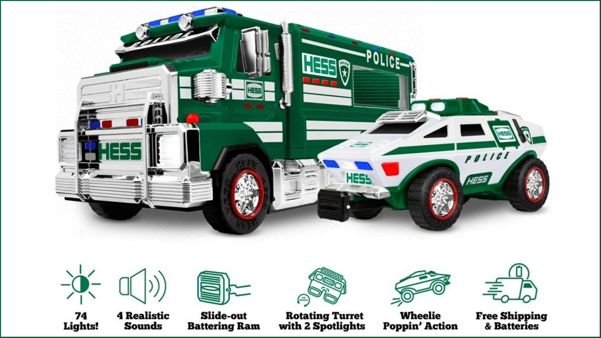 The Hess Police Truck and Cruiser come with over 77 immersive lights and four realistic sound effects (Image via Hess Toy Trucks)