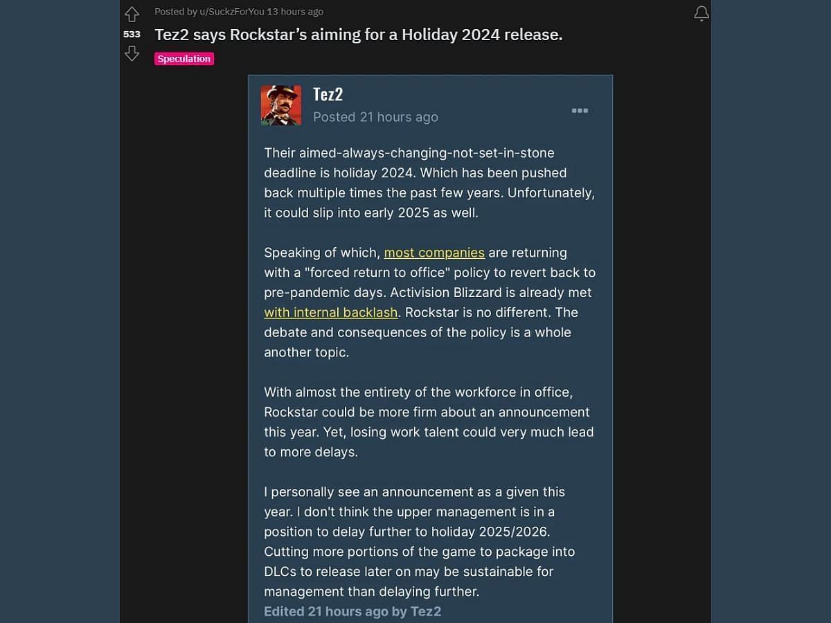 Tez2 believes that GTA 6 should be released by early 2025 (Image via Reddit: u/SuckzForYou)