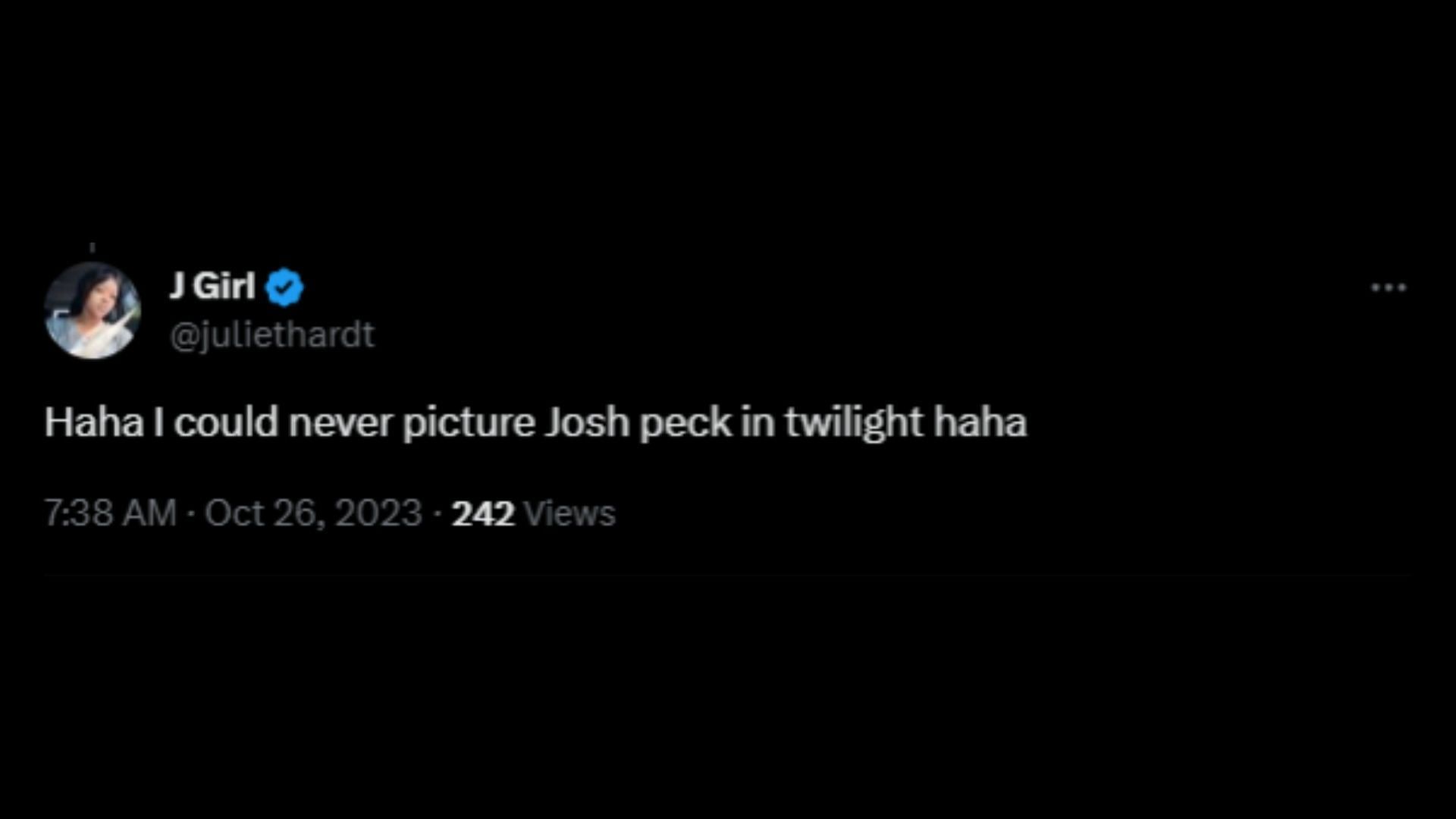 Screenshot of an X user remarking on Peck&#039;s revelation about auditioning for the role of Edward Cullen in Twilight. (Photo via @PopCrave/X)