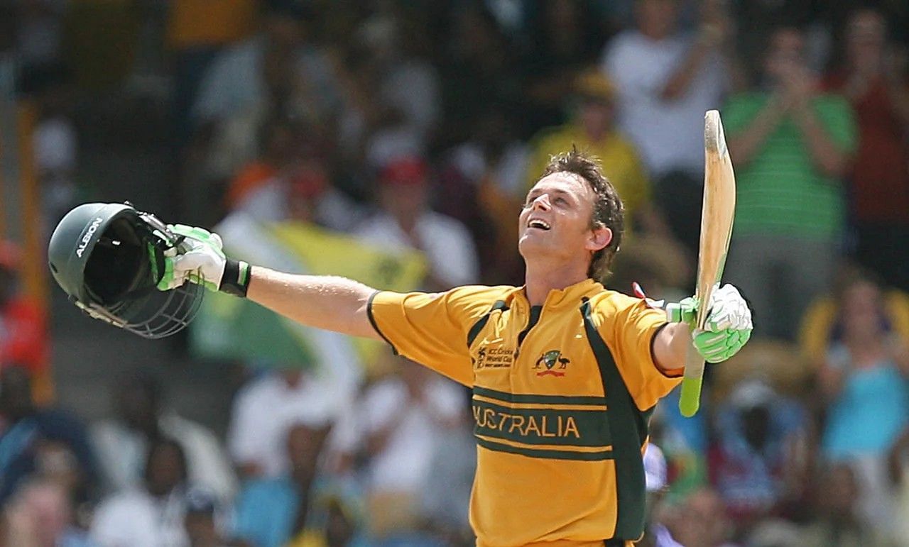 Adam Gilchrist celebrating his maiden ODI World Cup century [Getty Images]