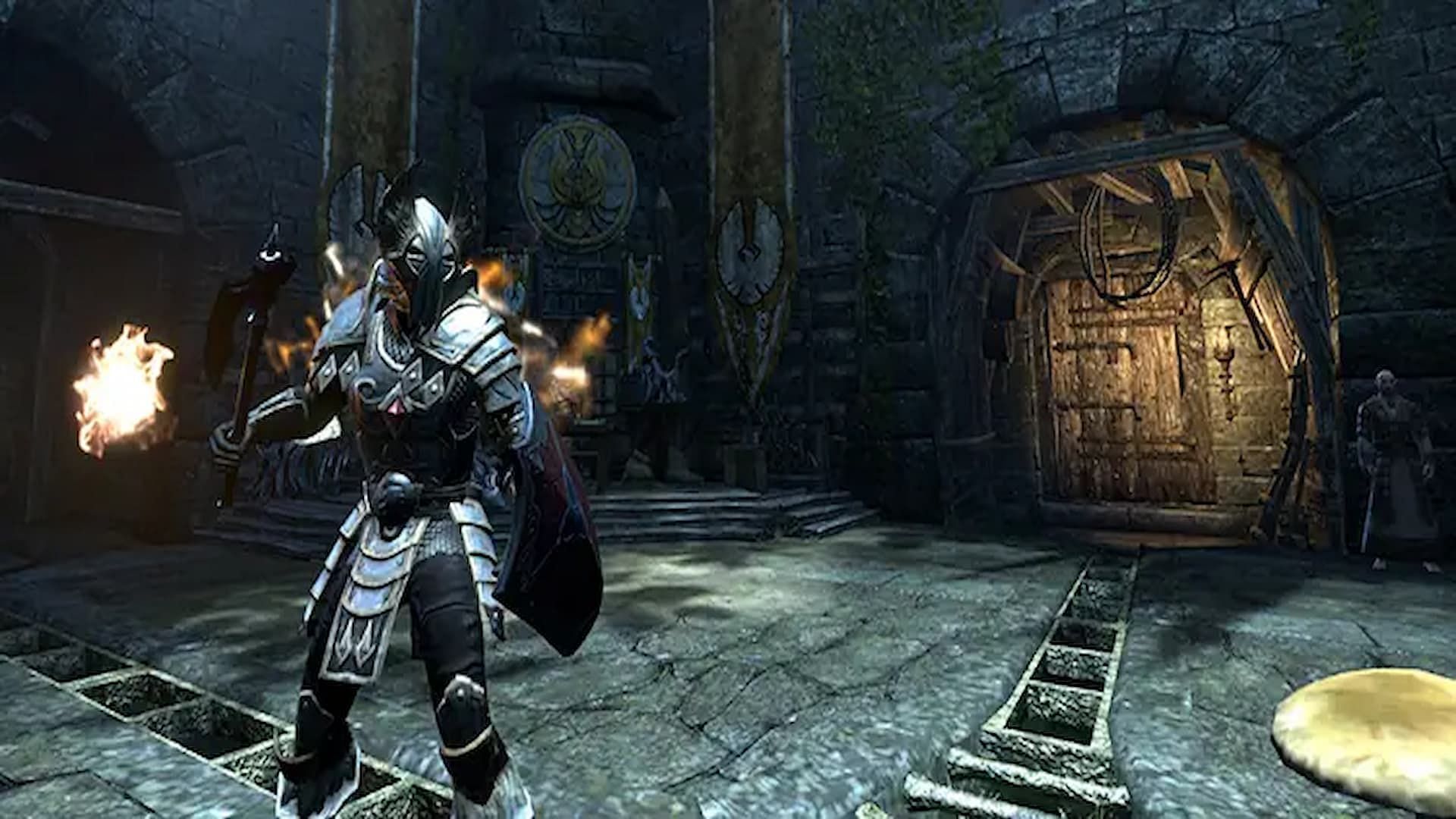 Dragonknight weilding an axe and shield with fireballs around in the Elder Scrolls online