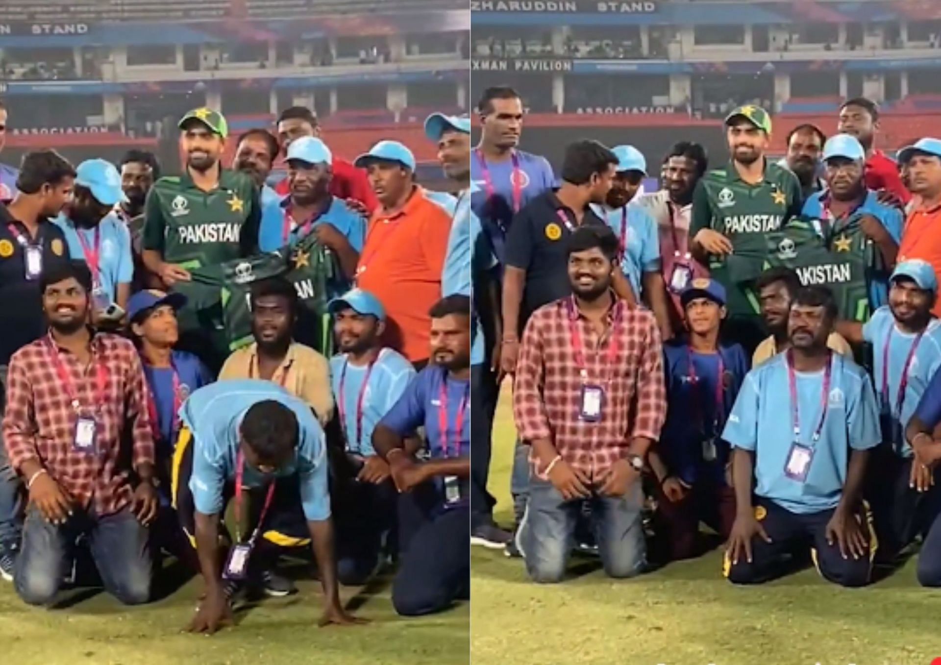 Babar Azam poses with the Hyderabad ground staff following Pakistan
