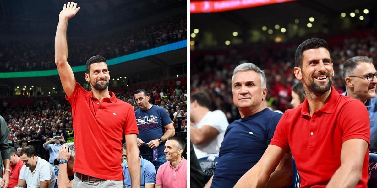 Novak Djokovic and his father, Srdjan, watch basketball match