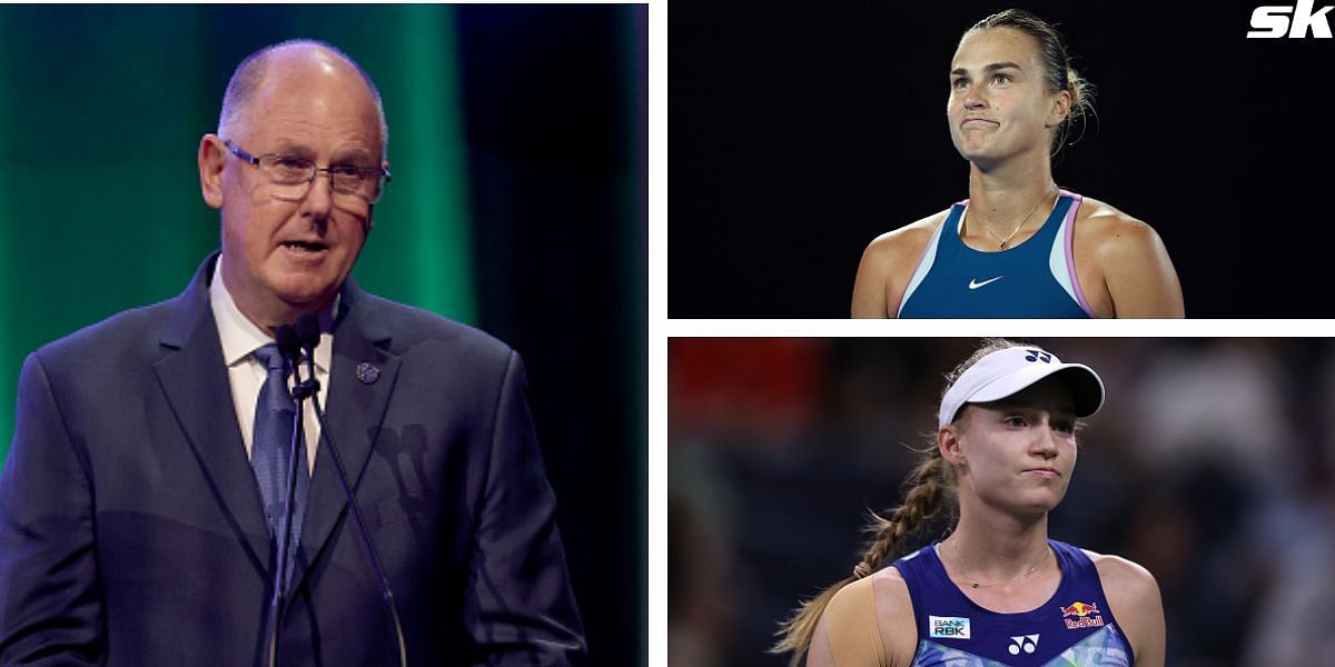 WTA CEO Steve Simon (L), Aryna Sabalenka (upper-right) and Elena Rybakina (down-left)