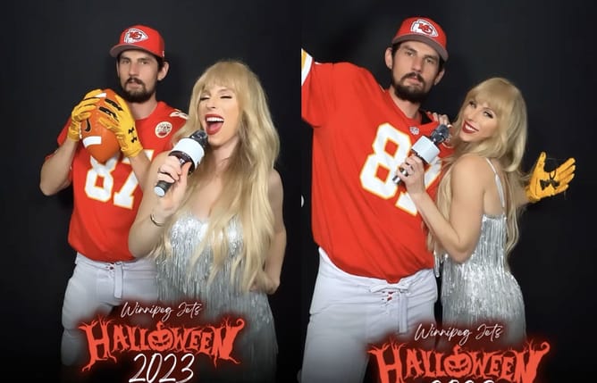 IN PHOTOS: Connor Hellebuyck and wife Andrea dress up as Taylor Swift-Travis Kelce for Jets 2023 Halloween Party