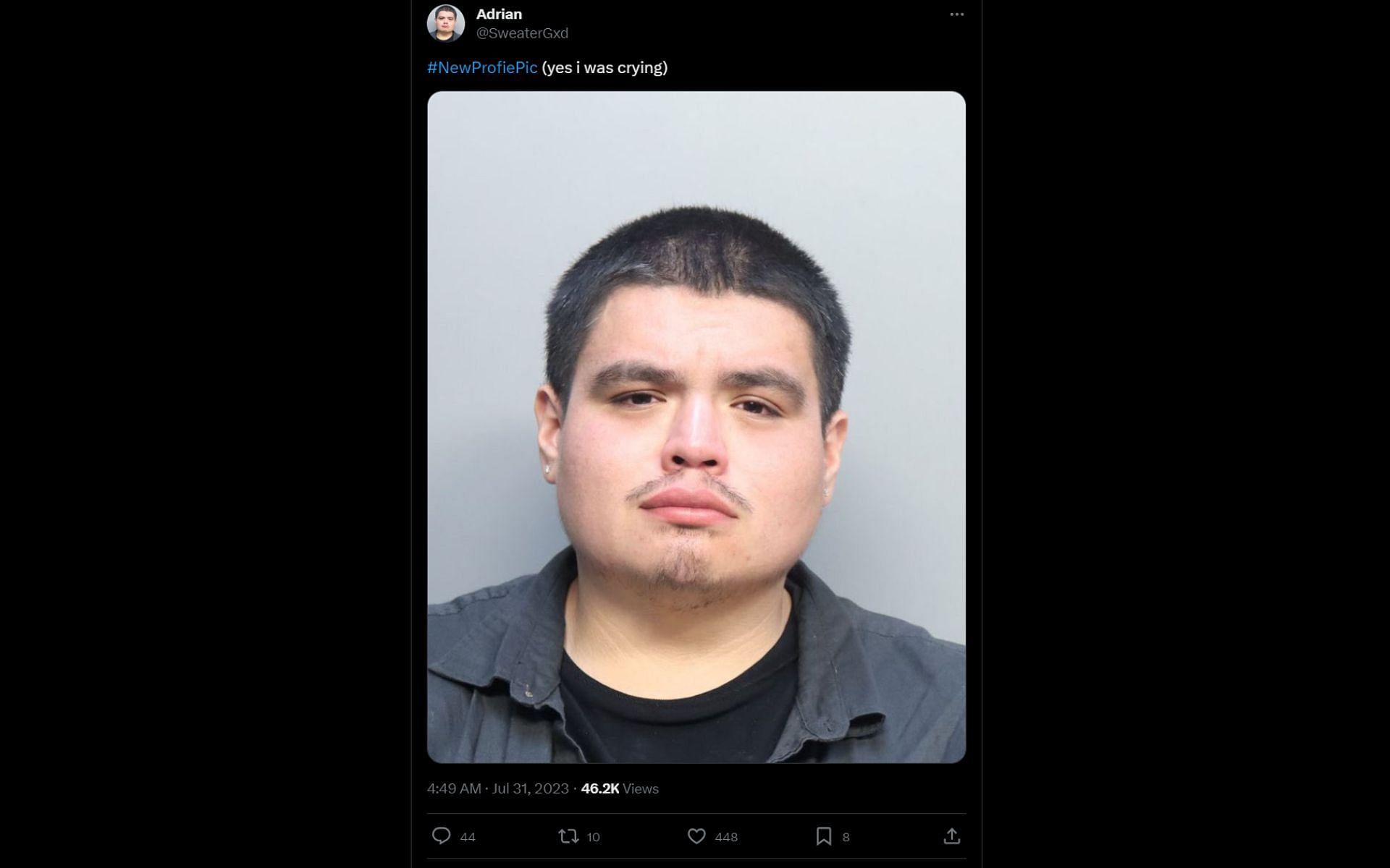 The Kick streamer tweeted his mugshot on July 31, 2023 (Image via SweaterGxd/X)