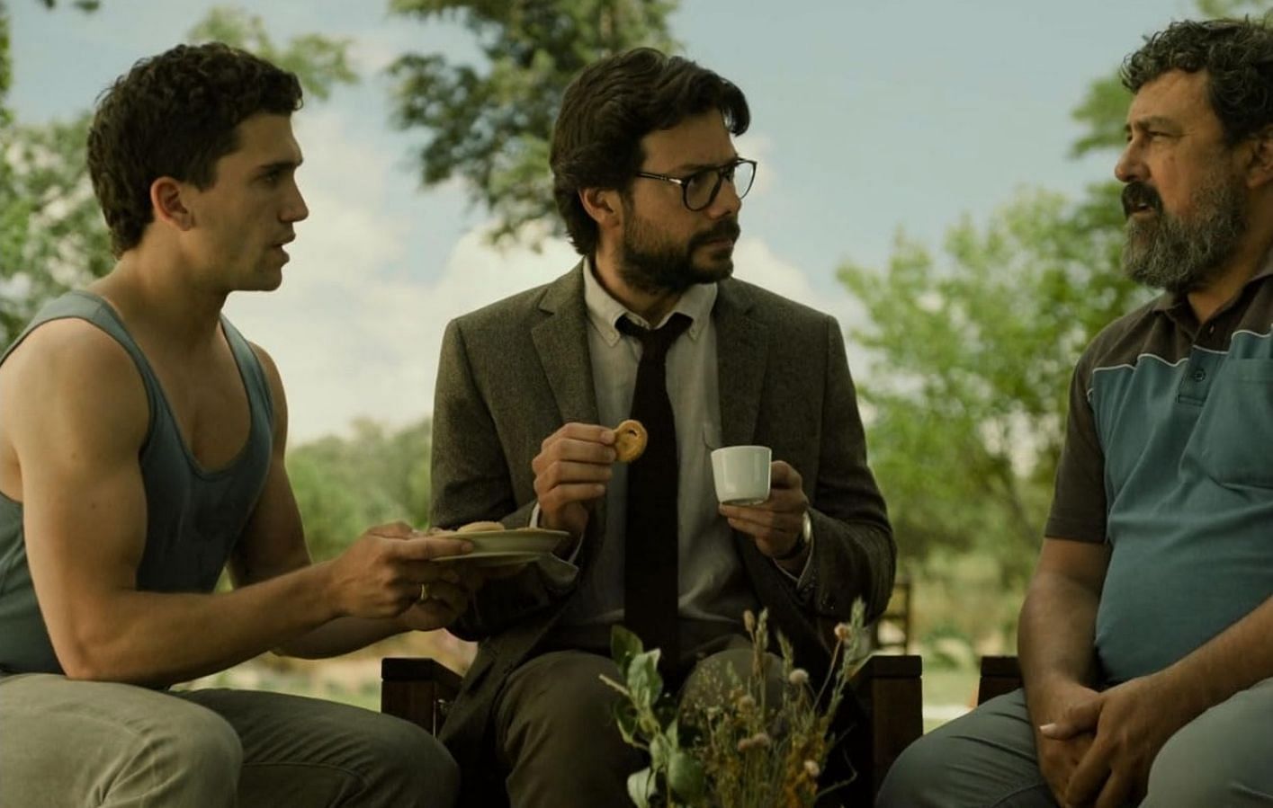 Paco Tous, &Aacute;lvaro Morte, and Jaime Lorente in Money Heist (Image via IMDb)