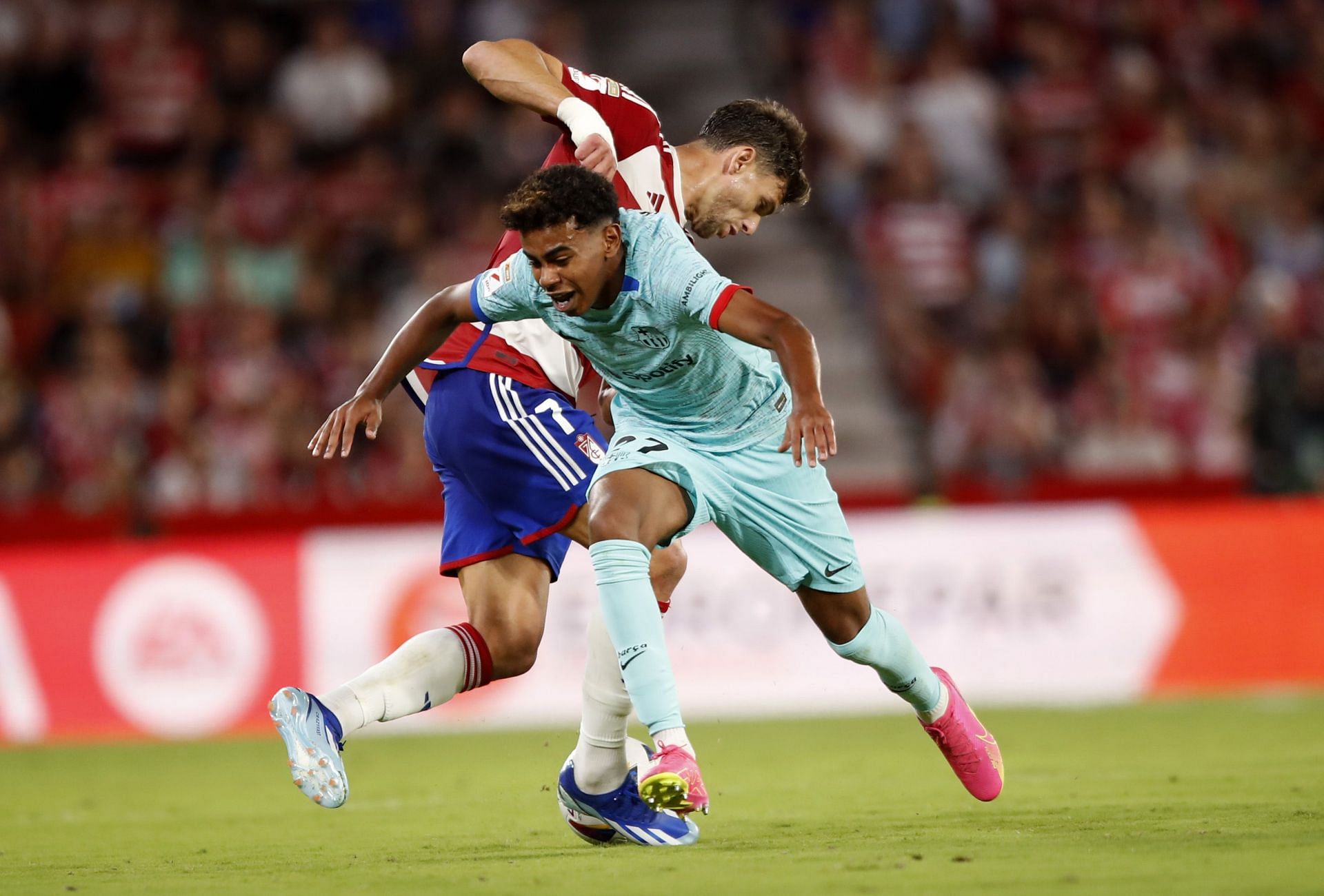 Lamine Yamal (right) has enjoyed a sensational rise at the Camp Nou this season.