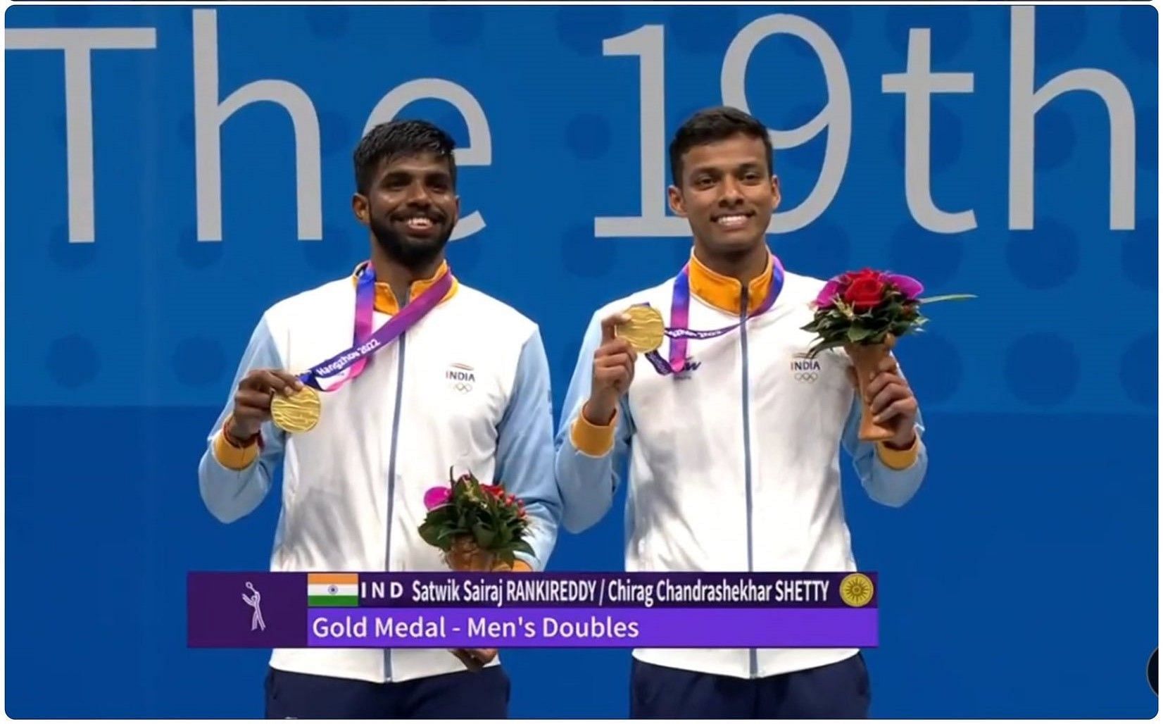 Shetty and Rankireddy on the podium at Asian Games 2023.