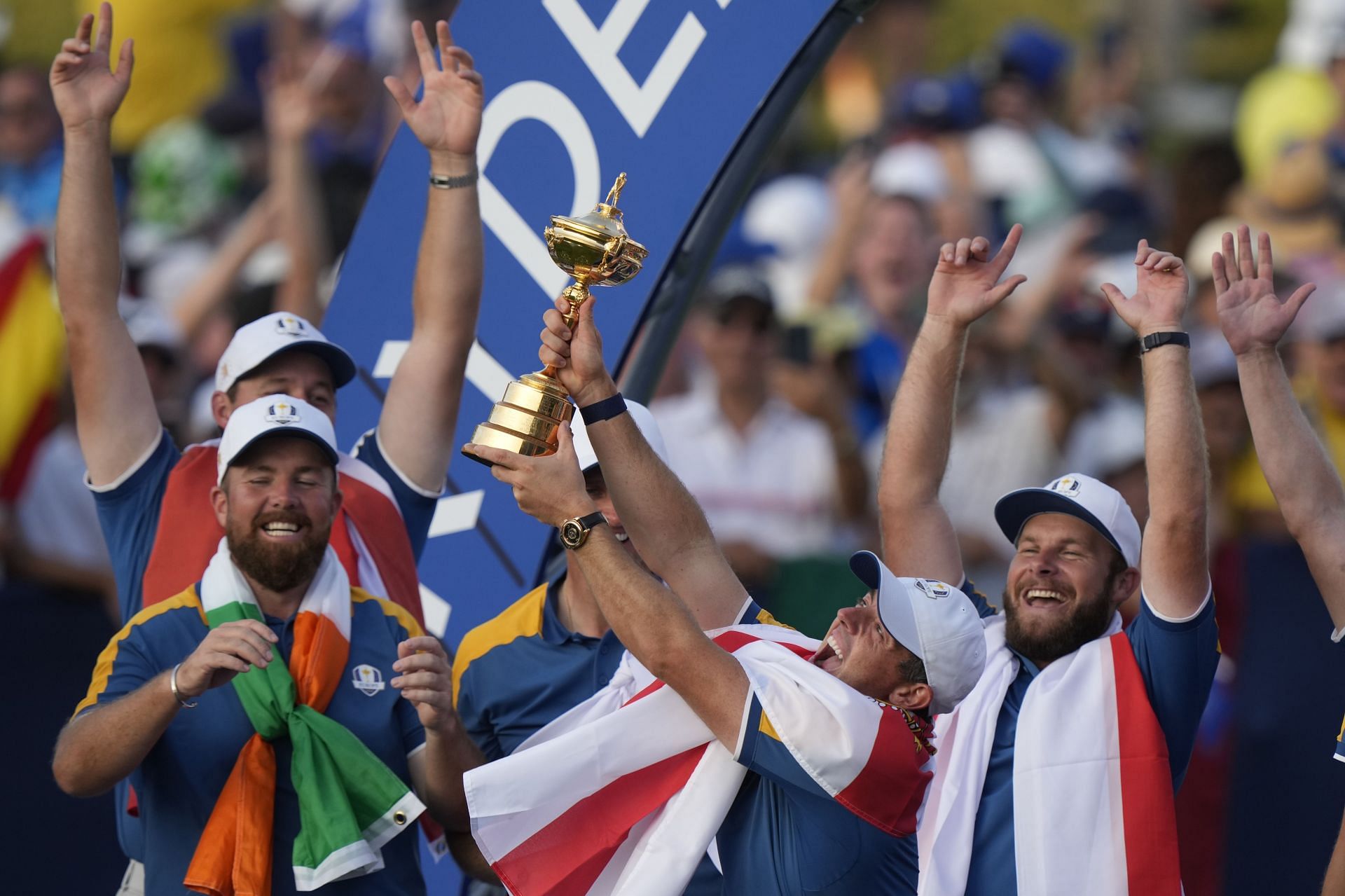 Europe&#039;s Rory McIlroy lifts the Ryder Cup after Europe won the trophy defeating the United States at the Marco Simone Golf Club