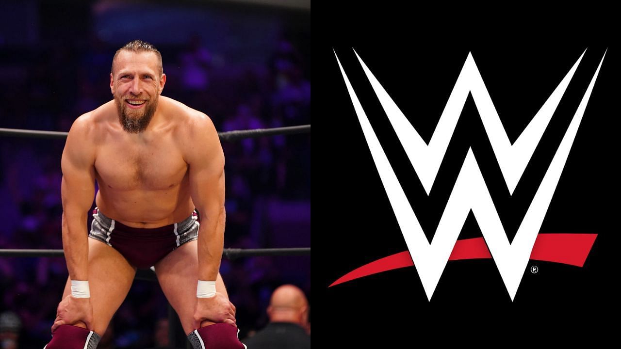 Bryan Danielson (left) and WWE logo (right)