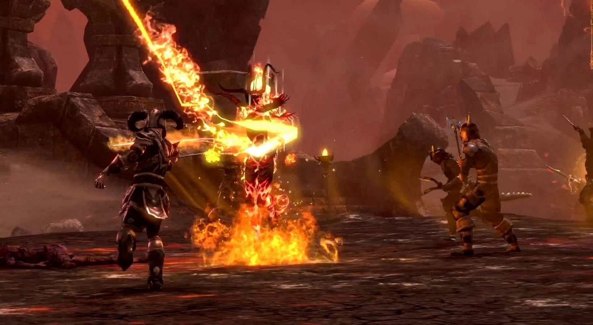 Dragonknights can harness flame-based abilities like Flame Lash against enemies (Image via ZeniMax Online Studios)