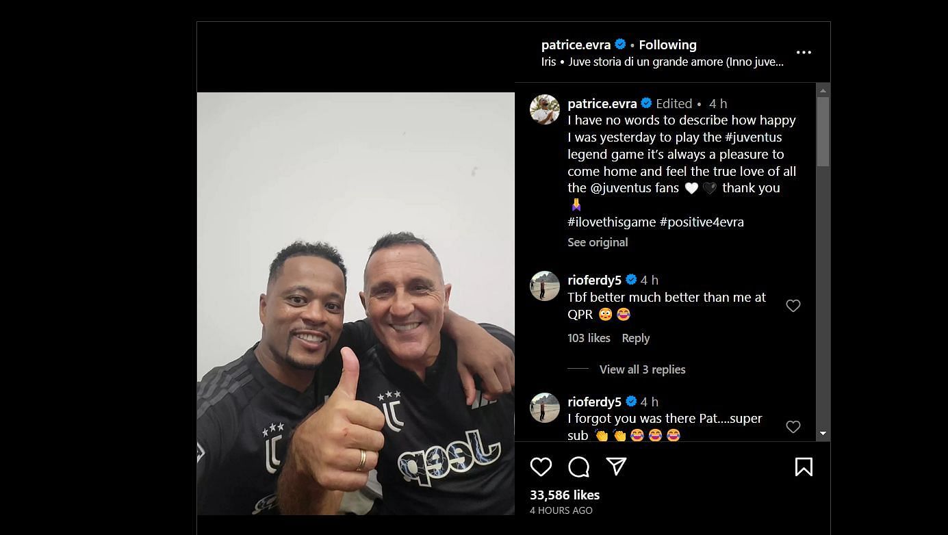 Screenshot of Ferdinand&#039;s comments on Evra&#039;s post