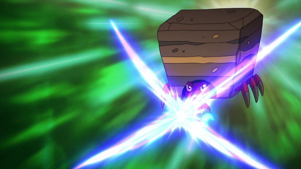 Crustle, a Bug-type, using X-Scissor, a Bug-type move, in the anime (Image via The Pokemon Company)