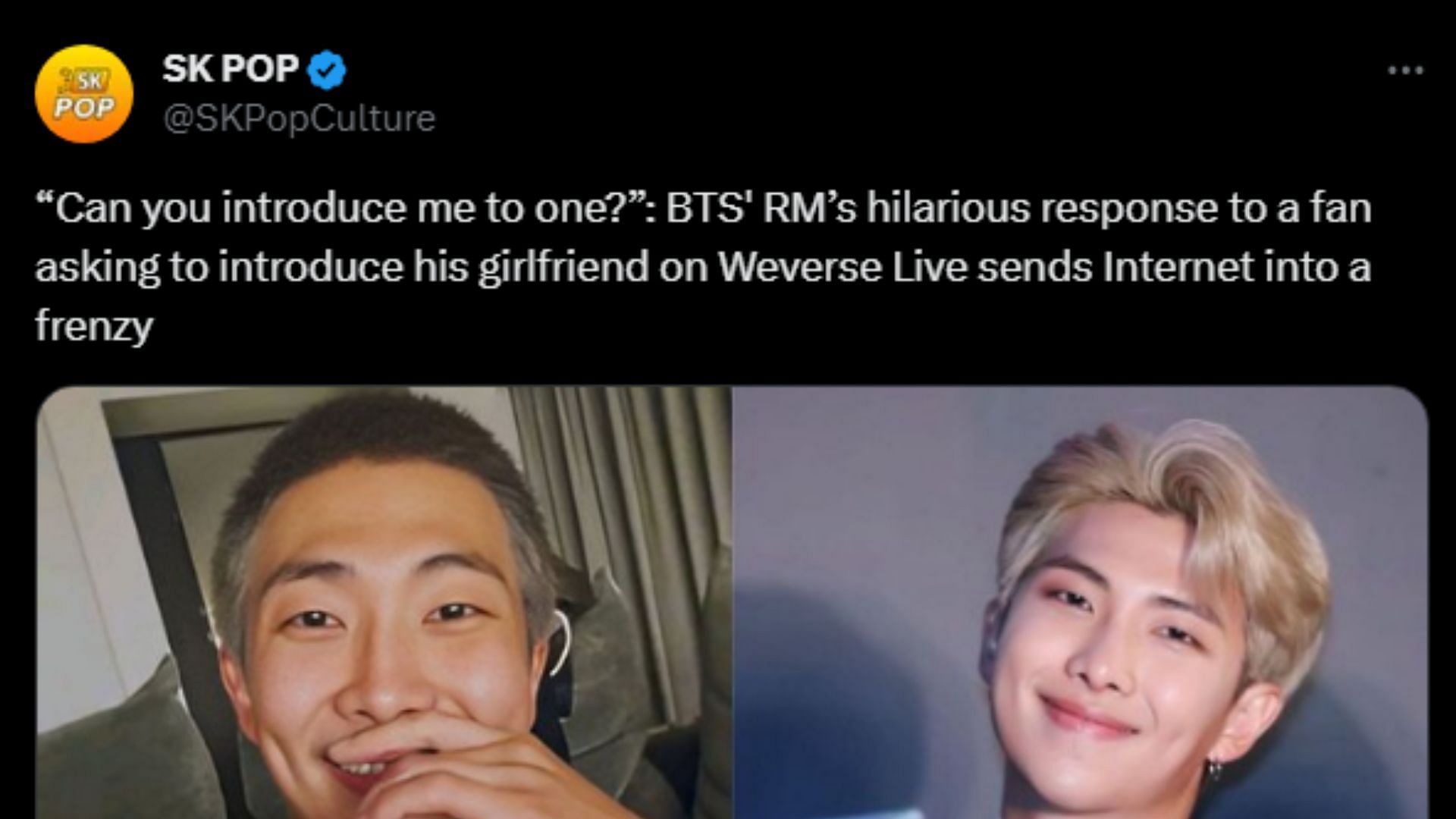 BTS&#039; RBTS&#039; RM jokes that he has no girlfriend and asked ARMYs to find him one (Image via X/@SKPopCulture)