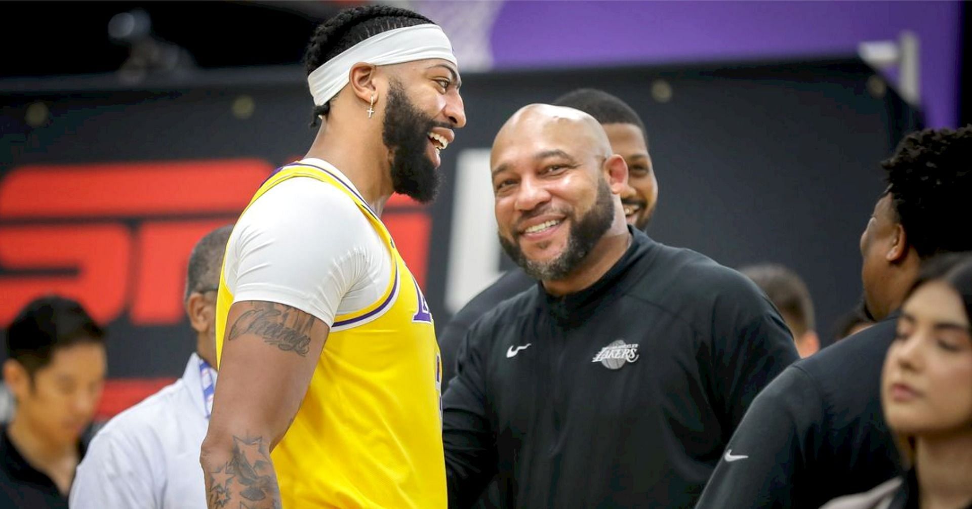 LA Lakers star big man Anthony Davis and Lakers coach Darvin Ham