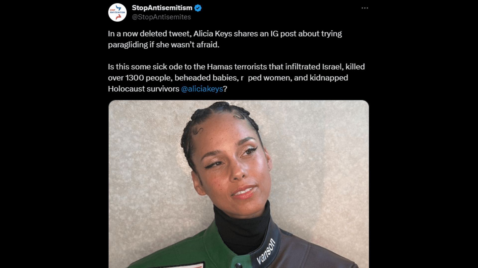 A group on Twitter accuses Alicia of being antisemitic. (Image via X/StopAntisemitism)