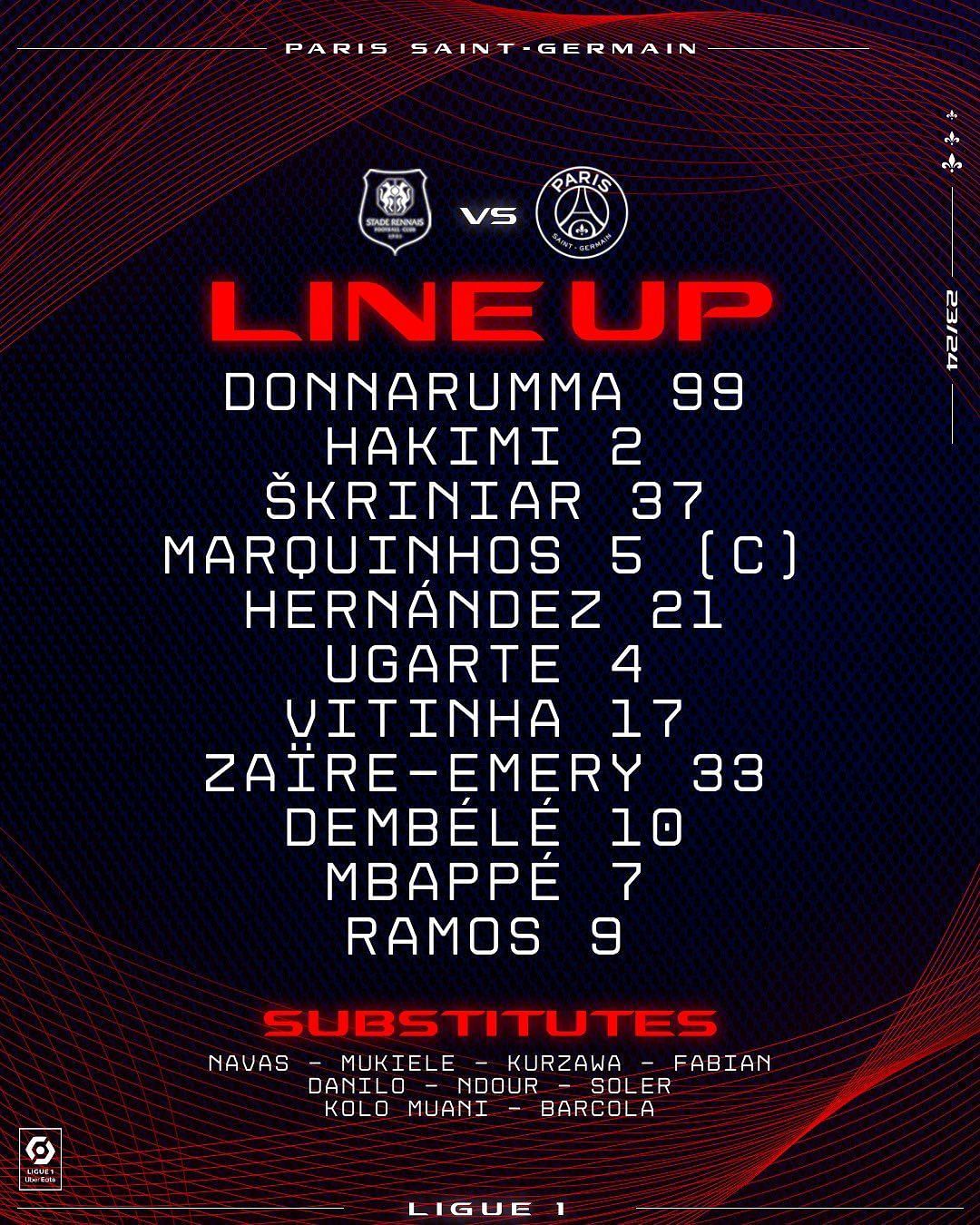 PSG posted their lineup on their X (Twitter) account prior to kick-off.