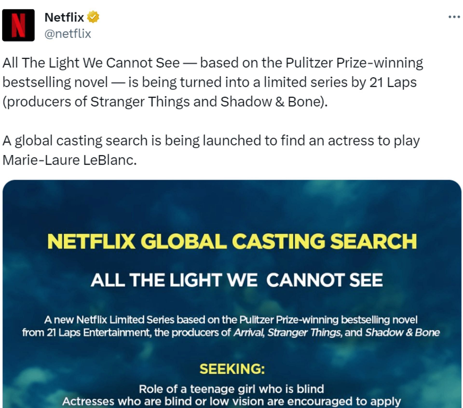 A screengrab of the post announcing a global casting call (Image via Twitter/@Netflix)