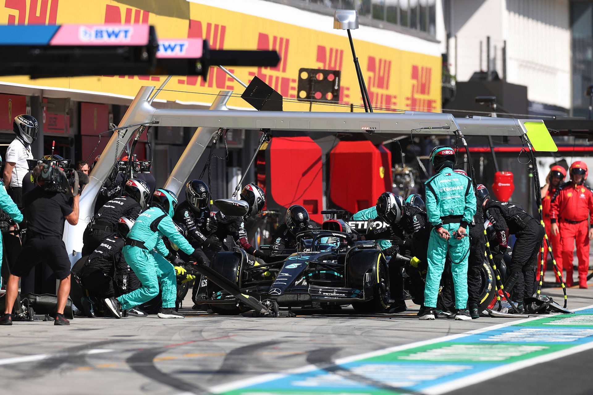 Mercedes pit crew in action