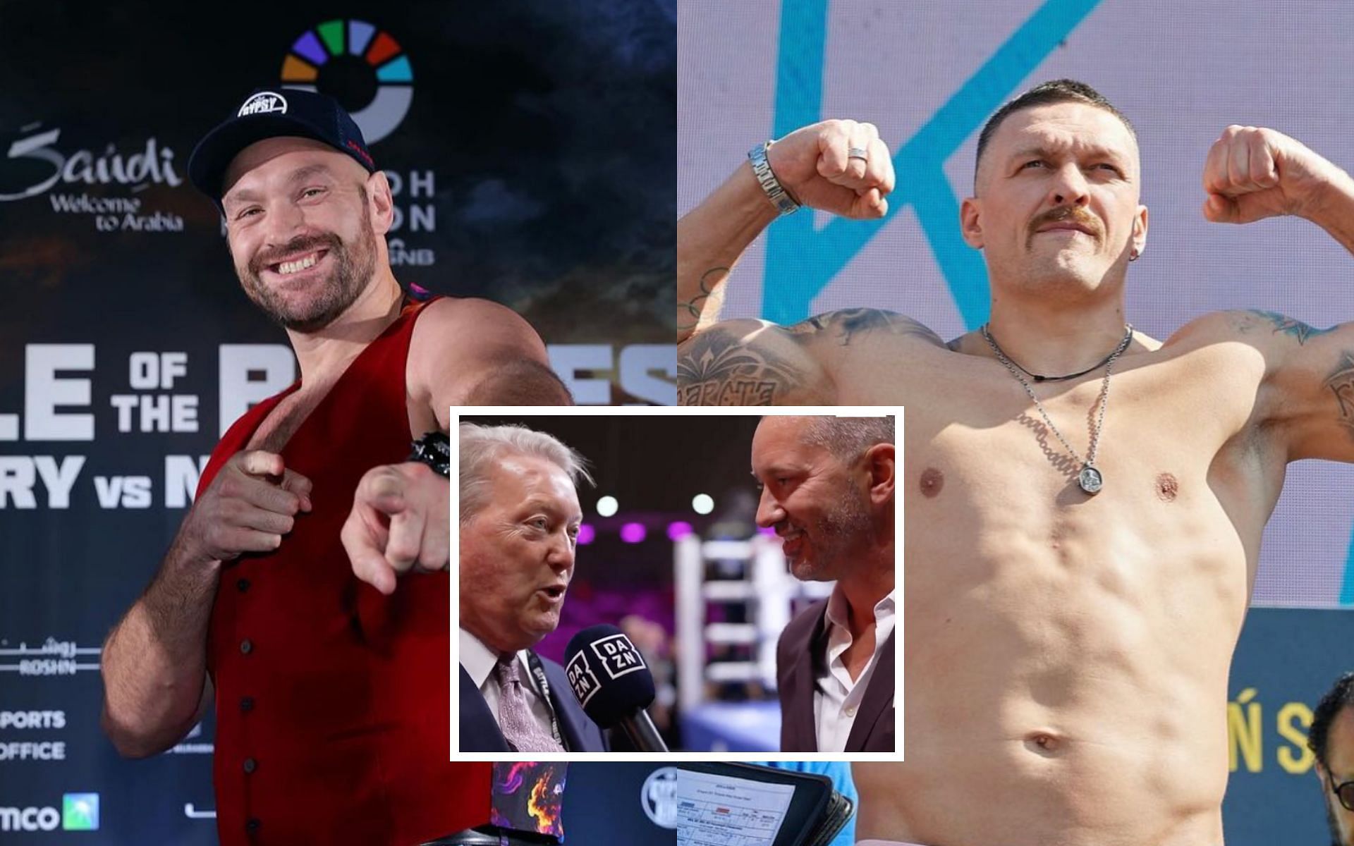Frank Warren (center) on Tyson Fury (left) vs Oleksandr Usyk (right) [Photo Courtesy @DAZNboxing on X, @tysonfury and @usykaa on Instagram]