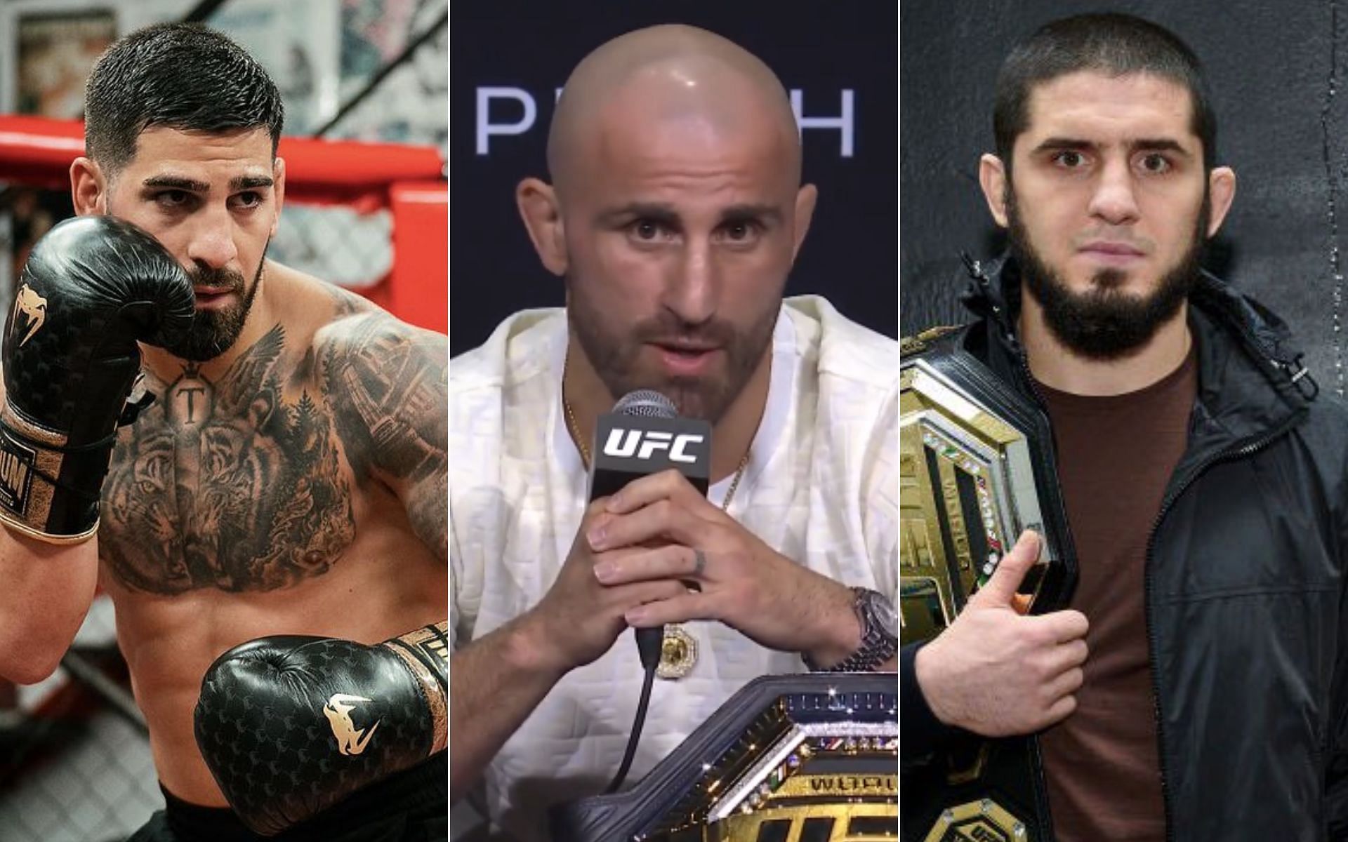 Ilia Topuria [Left], Alexander Volkanovski [Middle], and Islam Makhachev [Right] [Photo credit: @Topuriailia, @ufc, and @MAKHACHEVMMA - X]