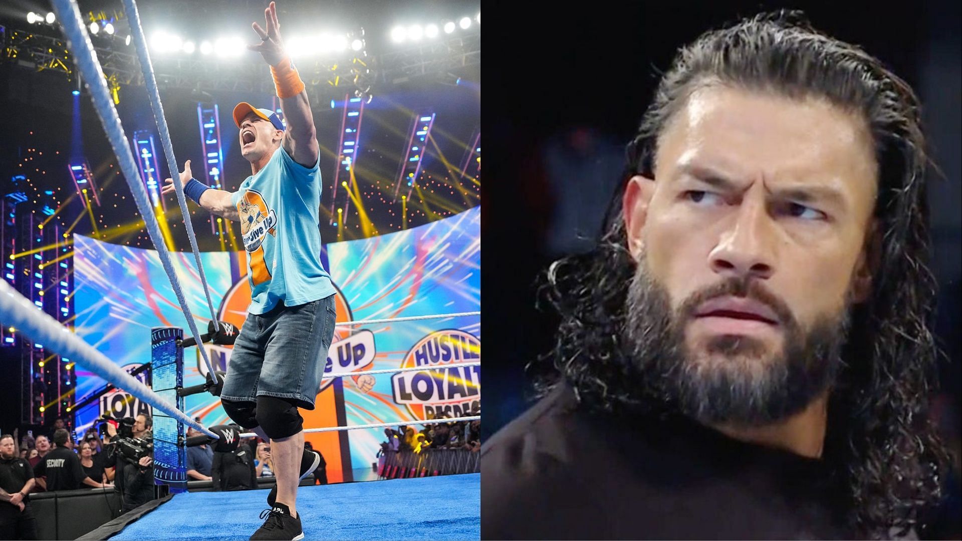 John Cena and Roman Reigns are advertised for WWE Crown Jewel 2023.