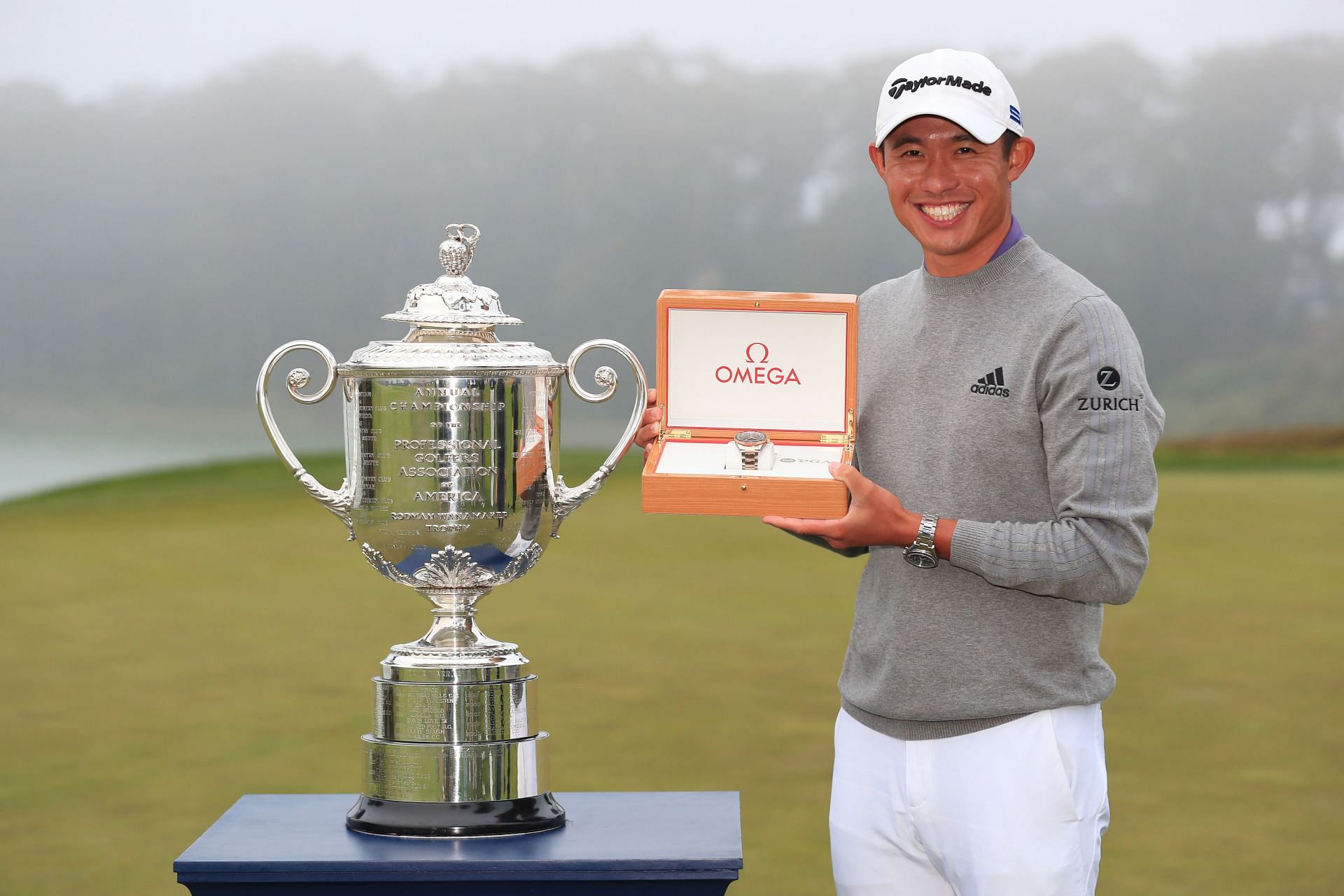 Collin Morikawa of the United States celebrates with the Wanamaker Trophy and the champion&#039;s watch after winning the 2020 PGA Championship (Image via Getty)