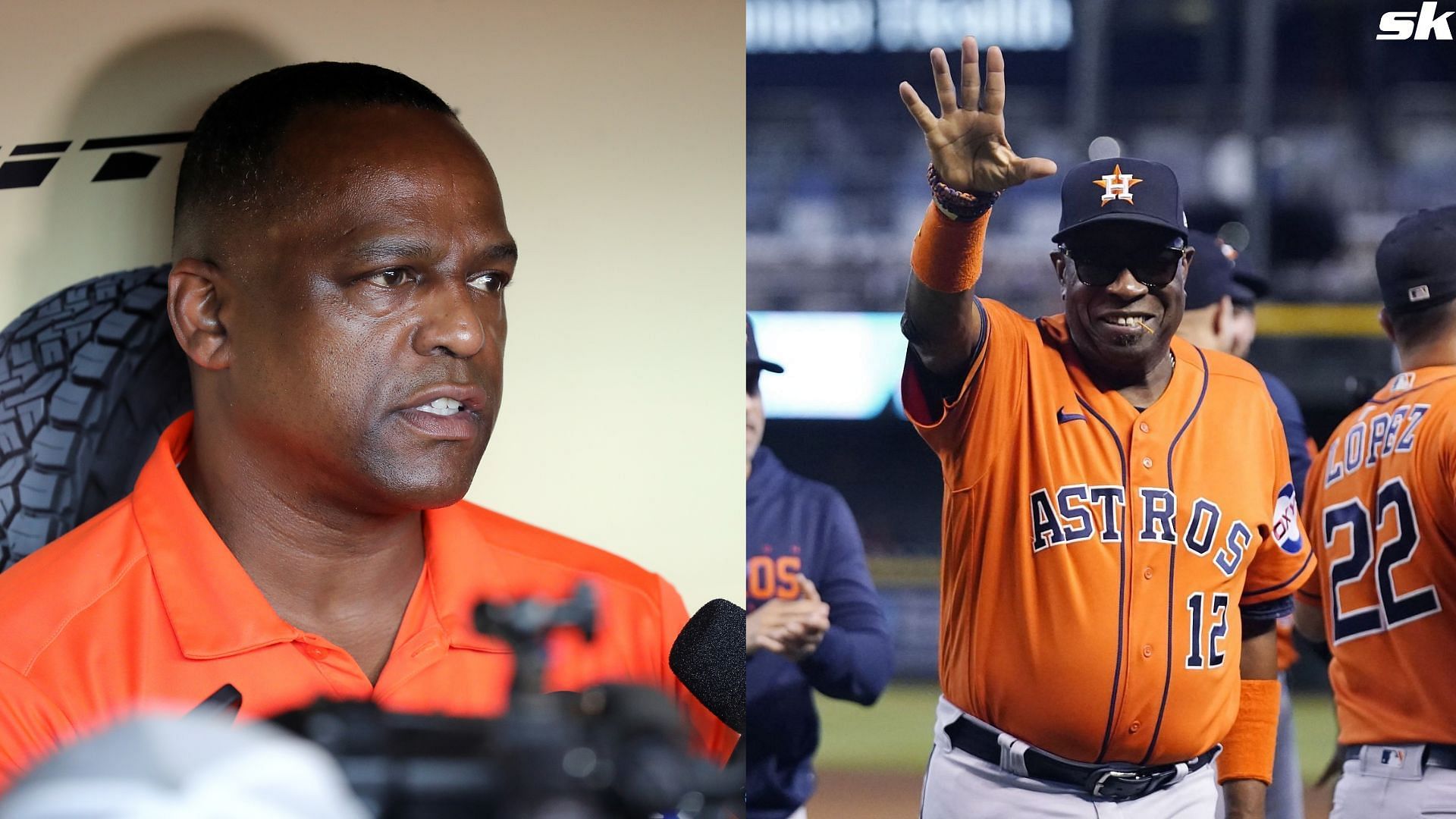 Houston Astros General Manager Dana Brown speaks with media ahead of a game