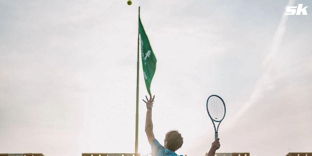 Daniil Medvedev serves during a practice session in Riyadh.