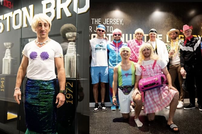 IN PHOTOS: Boston Bruins' Brad Marchand, Swayman and others dress up as Barbie and Ken for annual Halloween hospital visit