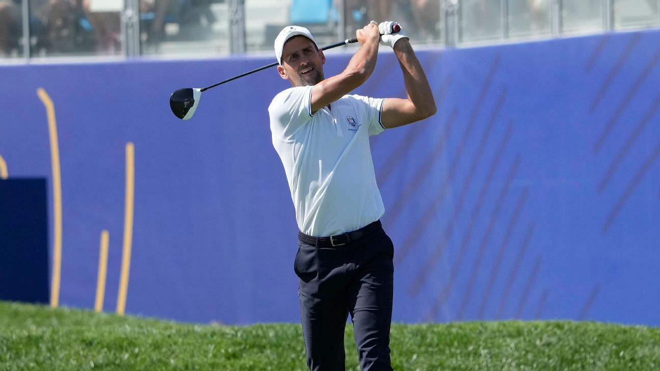 Novak Djokovic looks on after taking a golf swing at the 2023 Ryder Cup All-Star match