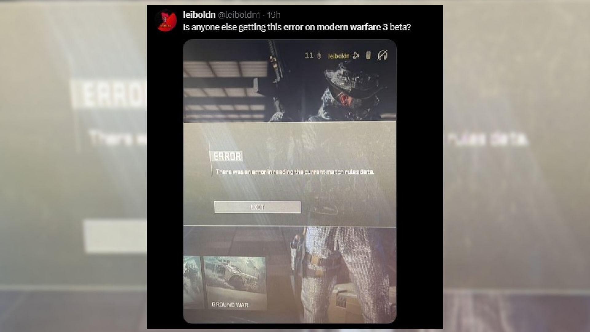Modern Warfare 3 match rules data read error (Image via Twitter/@leiboldn1)