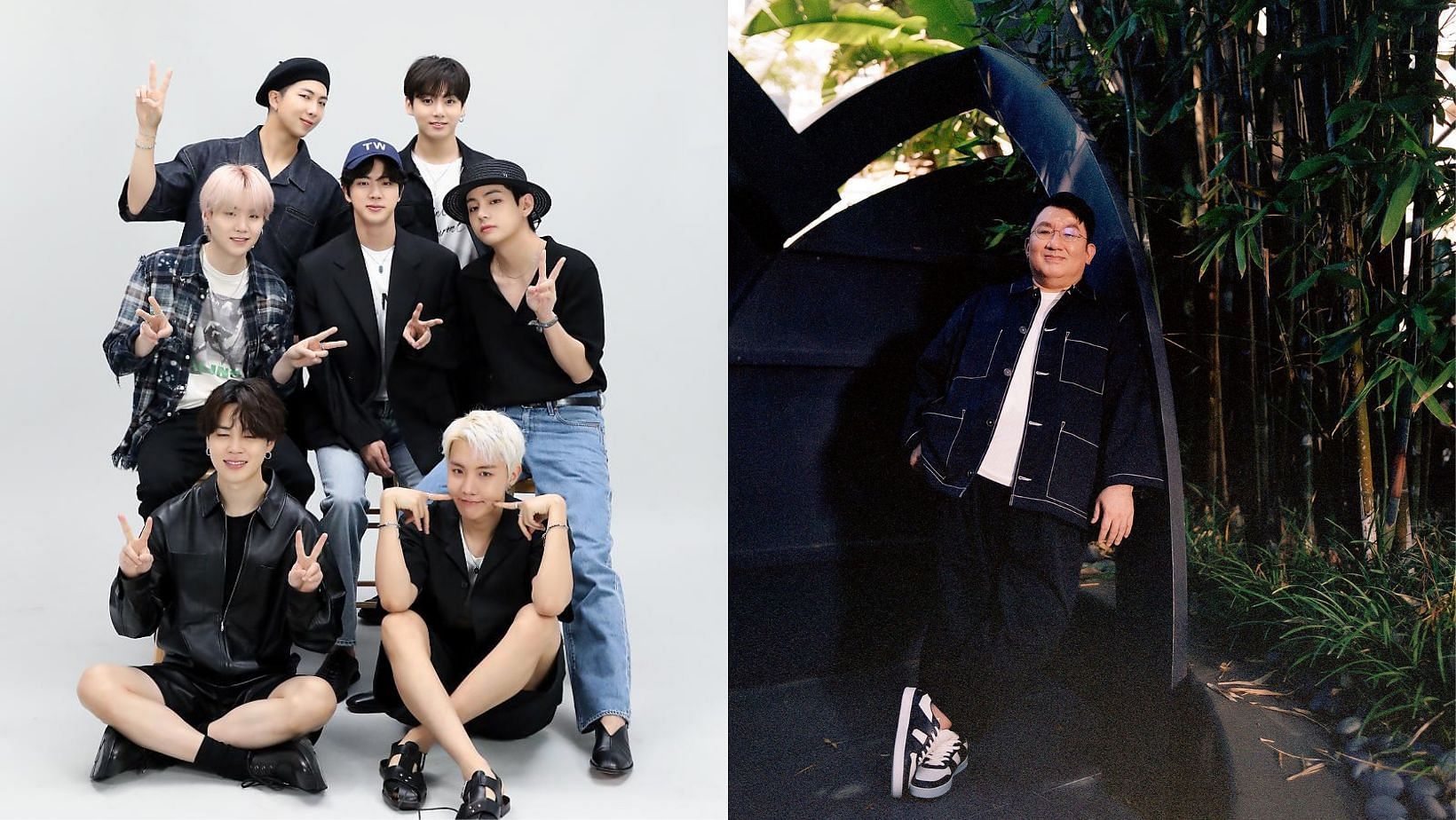 Featuring BTS (L) and Bang Si-Hyuk, Chairman of HYBE (R). (Images via X/@setiogi and @BIGHIT_MUSIC)