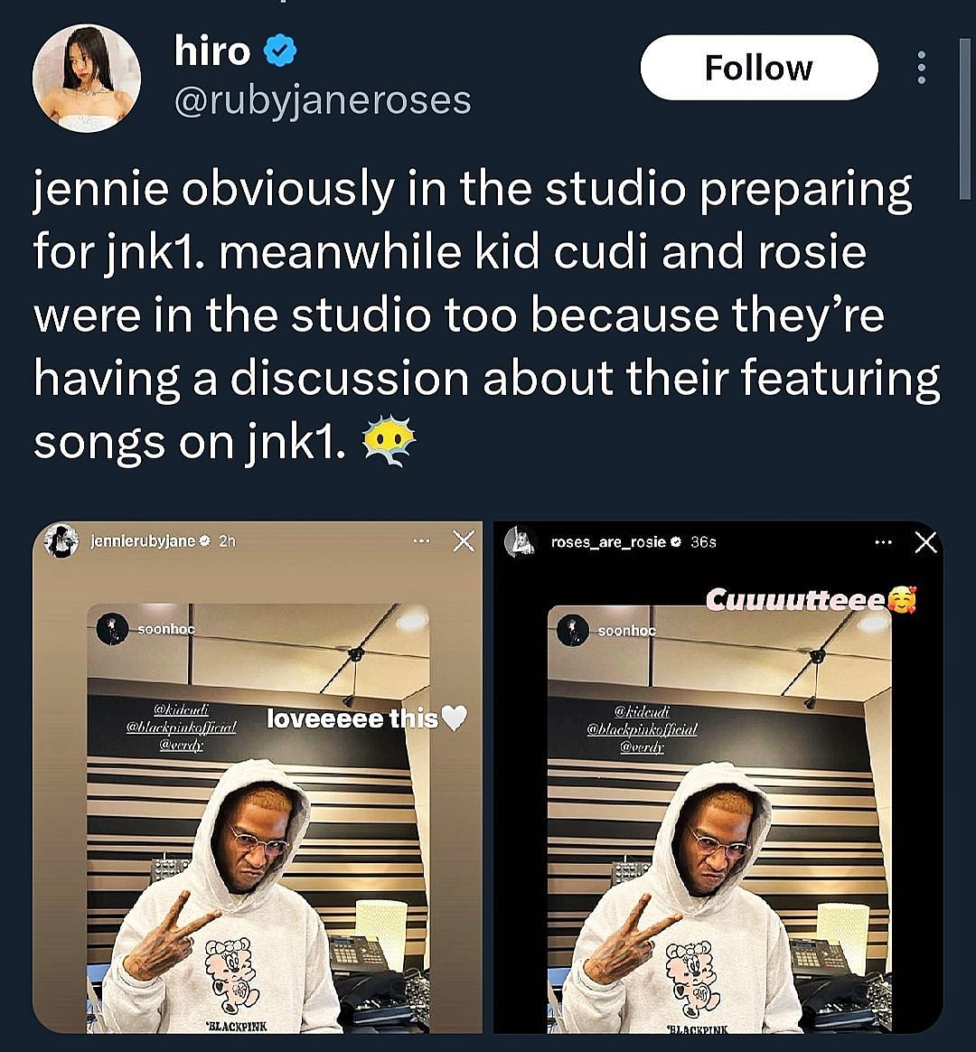 Fans talking about Kid Cudi and girl group&#039;s collaboration (Image via rubyjaneroses/X)