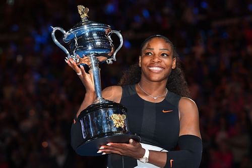 Serena Williams with the 2017 Australian Open trophy.