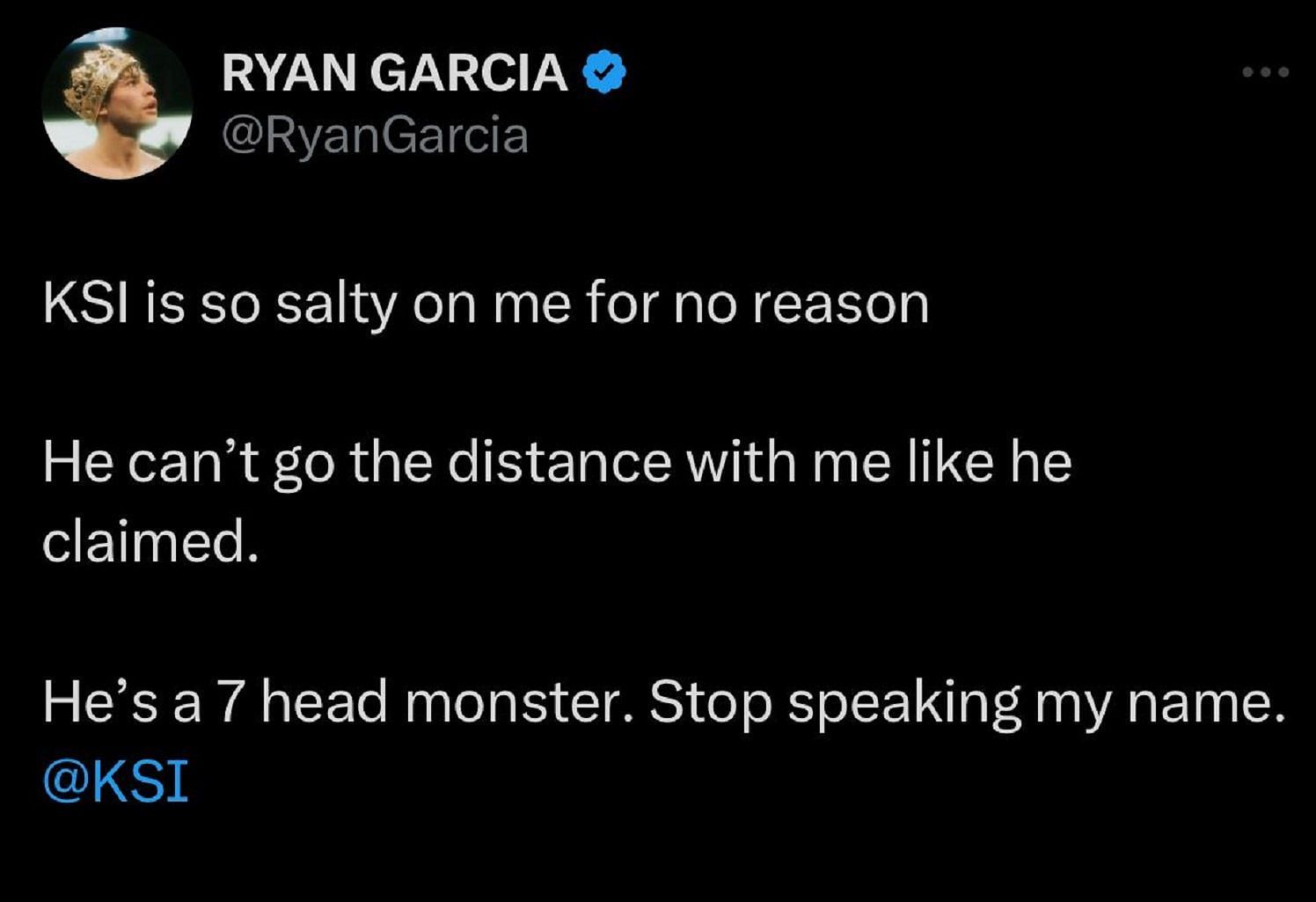 Ryan Garcia fires back at the YouTuber (Image via X/Twitter)