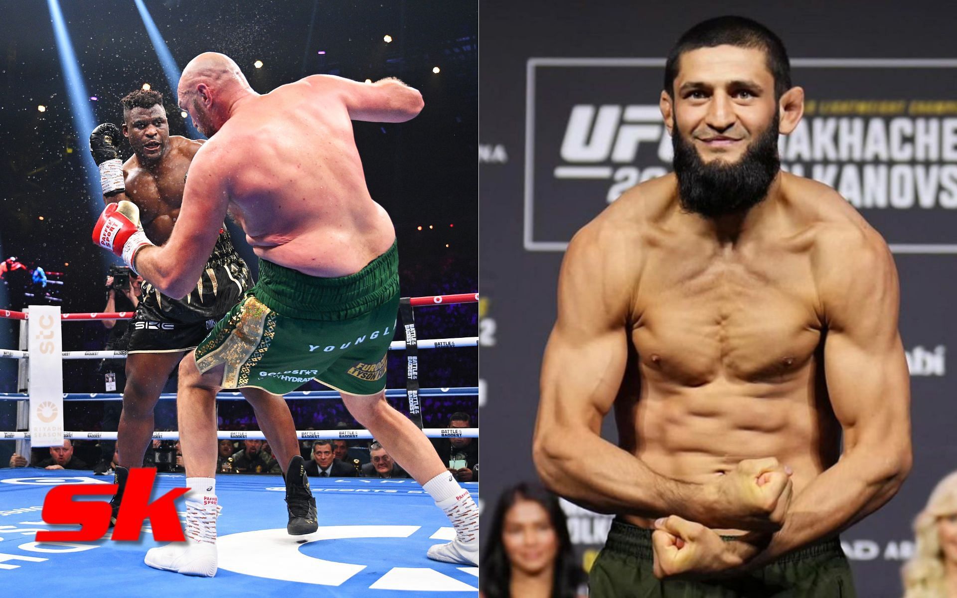 Francis Ngannou vs. Tyson Fury (left - via Getty), Khamzat Chimaev (right - via khamzat_chimaev)