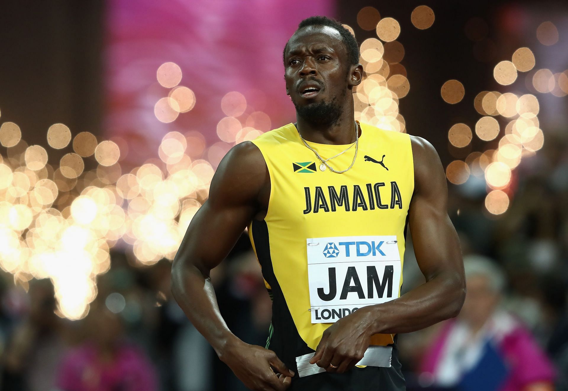 Usain Bolt of Jamaica prepares to compete in the men&#039;s 4x100 relay final during the day